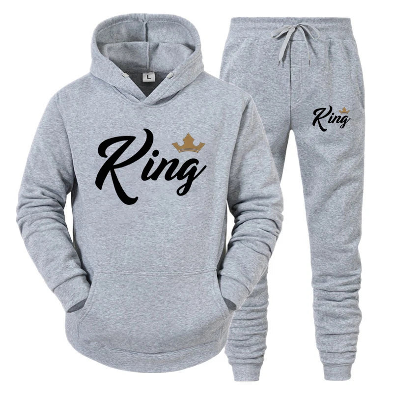 KING QUEEN Printed Lover Hooded Suits Hoodie and Pants 2pcs Set