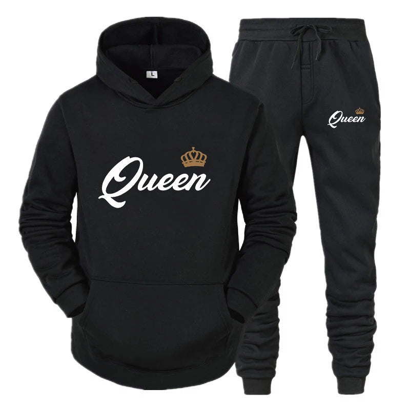 KING QUEEN Printed Lover Hooded Suits Hoodie and Pants 2pcs Set