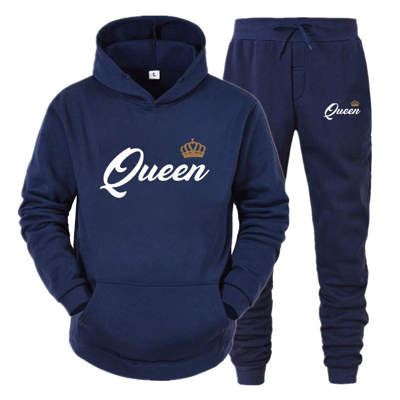 KING QUEEN Printed Lover Hooded Suits Hoodie and Pants 2pcs Set