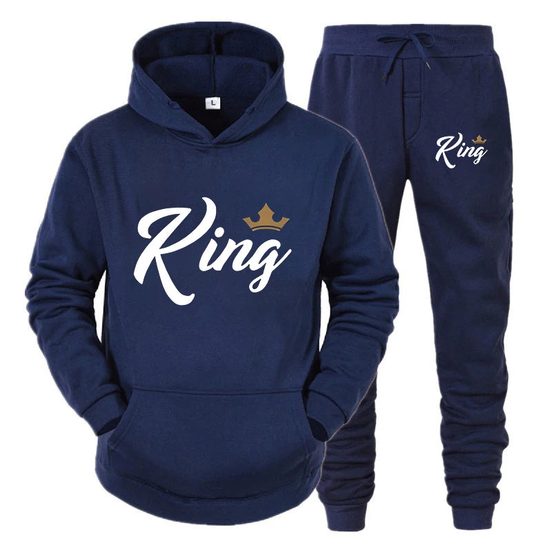 KING QUEEN Printed Lover Hooded Suits Hoodie and Pants 2pcs Set